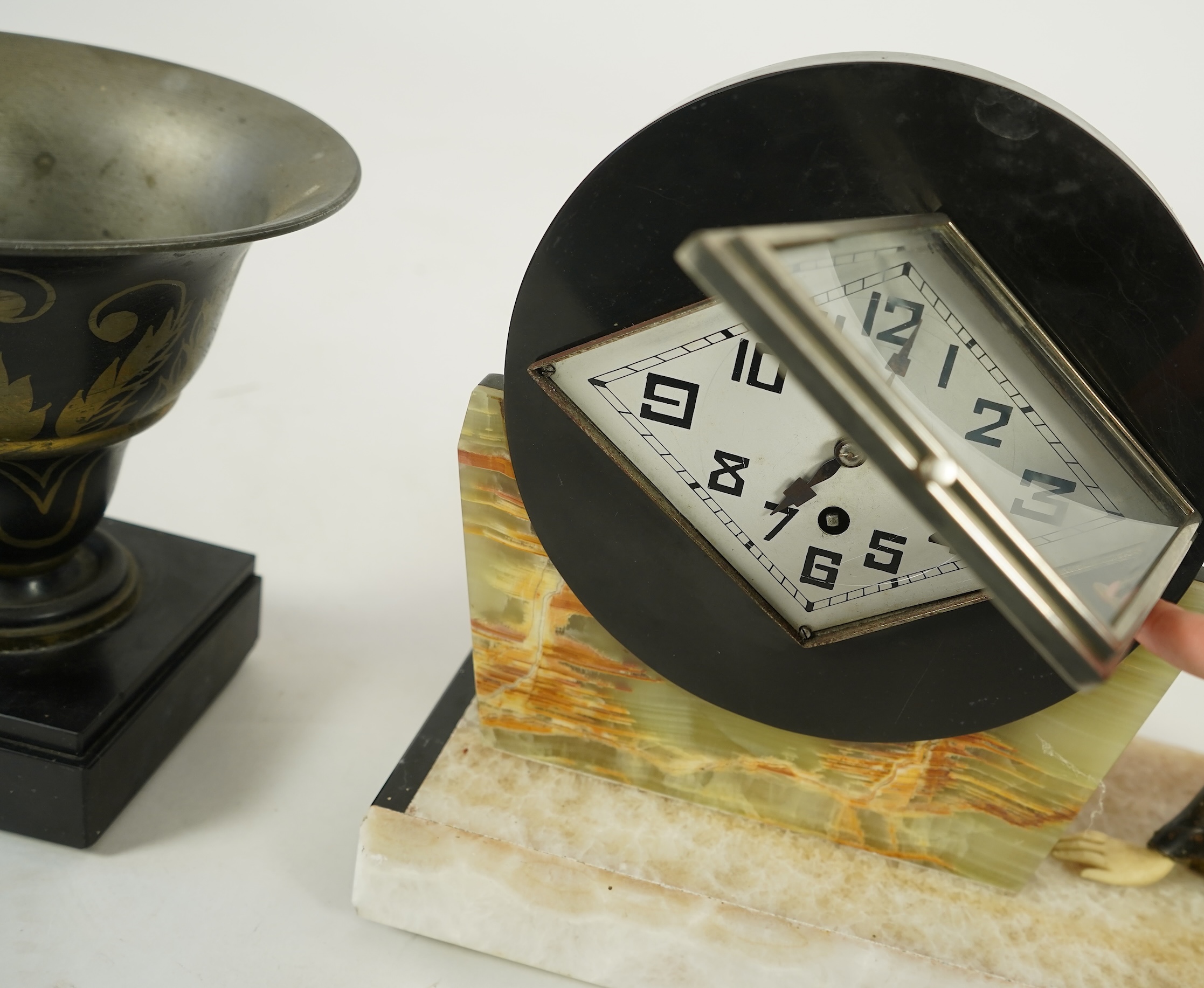 Attributed to Uriano (Ugo Cipriani, Italian, 1897-1960), a French Art Deco marble clock garniture